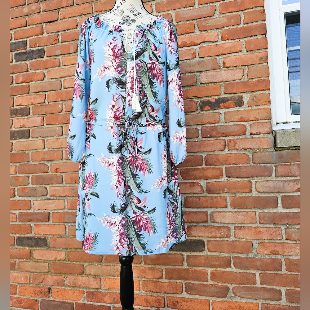 New Maison Jules Blue Boho Floral Long Sleeve Dress – Size 4